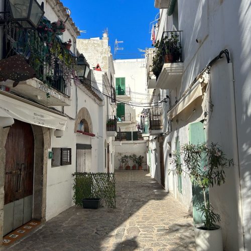 Cobbled streets with white buildings in Ibiza Old Town, Dalt Vila