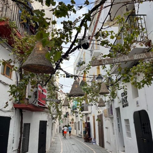 The streets of Ibiza Old Town with whitewashed buildings