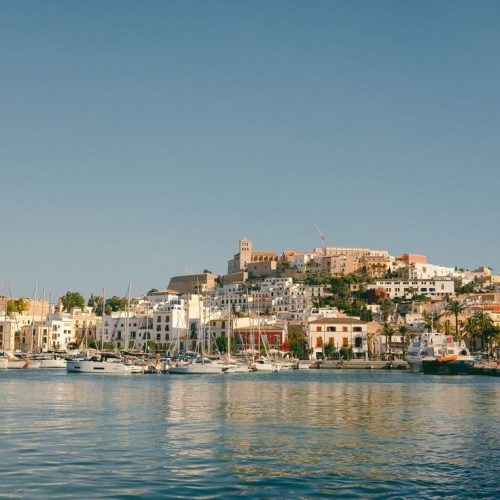 A complete panoramic view of Ibiza Old Town, Dalt Vila, from the Marina