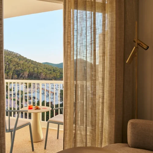 The view out of a HYDE Ibiza hotel balcony in Cala Llonga, Ibiza