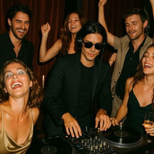 People around a DJ dancing and partying