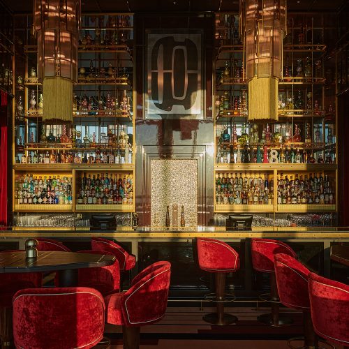 The bar at 1920 Dubai with a view of all of the drink bottle on shelves