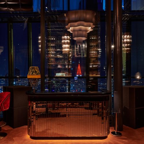 The DJ booth at 1920 Dubai overlooking the Dubai Skyline