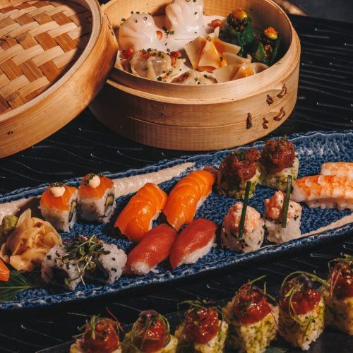 A plate of sushi on a table at Asia Asia The Palm