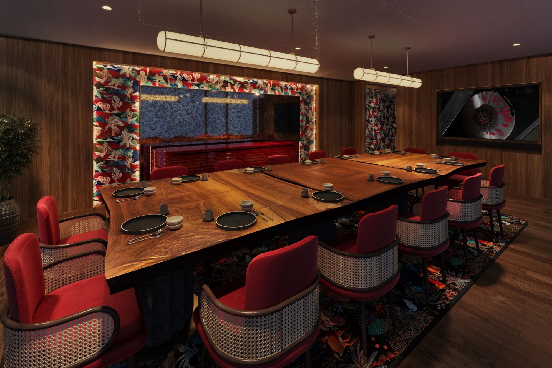 The private dining space, The Nook, in CÉ LA VI, set up for a dinner