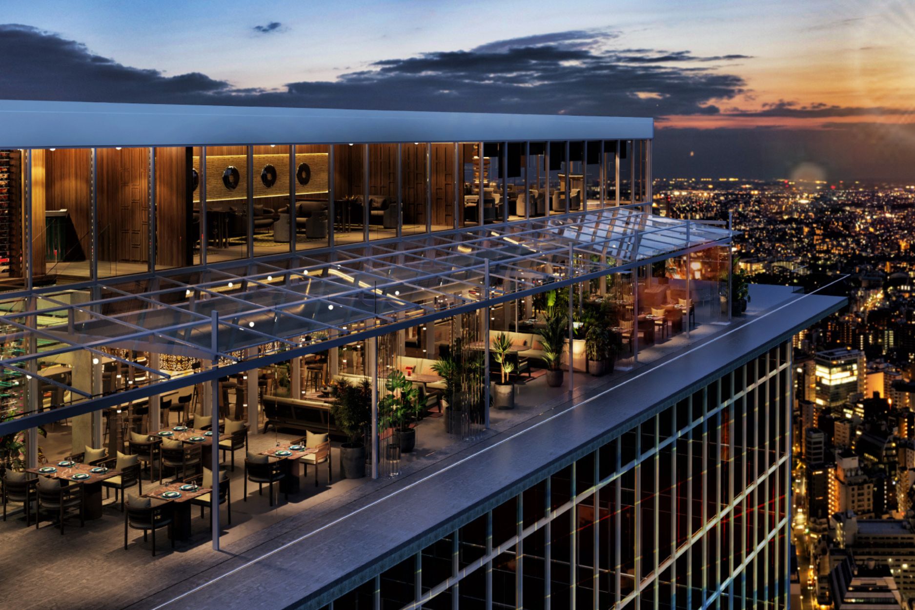 A view of the outside of the restaurant in Paddington, CÉ LA VI, overlooking the London skyline