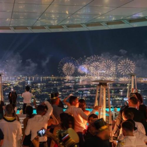 People watching a firework display from Aura Skypool and cheering