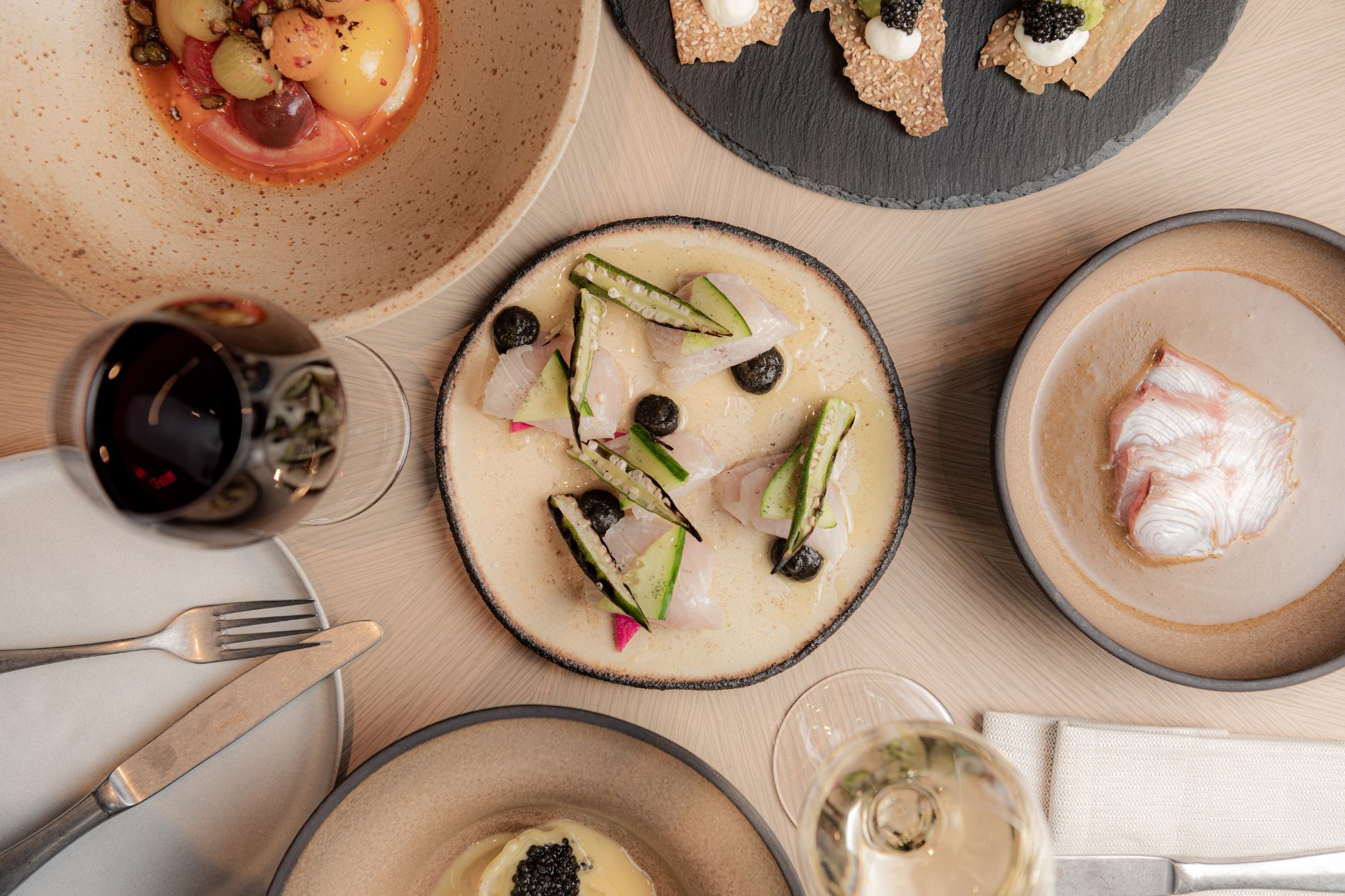 An aerial view of food served at Nela in London