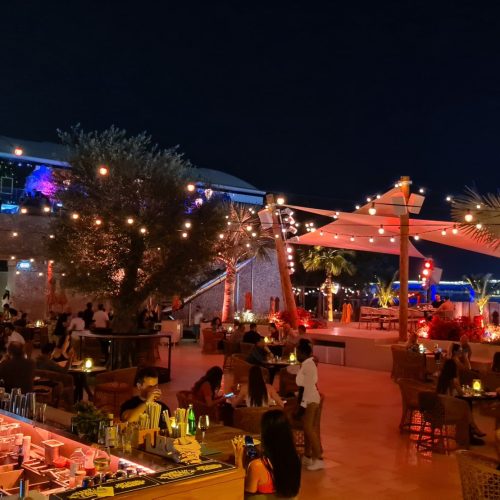 The outside terrace are of Bla Bla Dubai at night lit by fairy lights