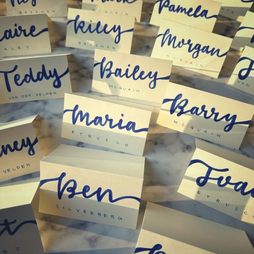 Hand drawn place names in blue, cursive writing