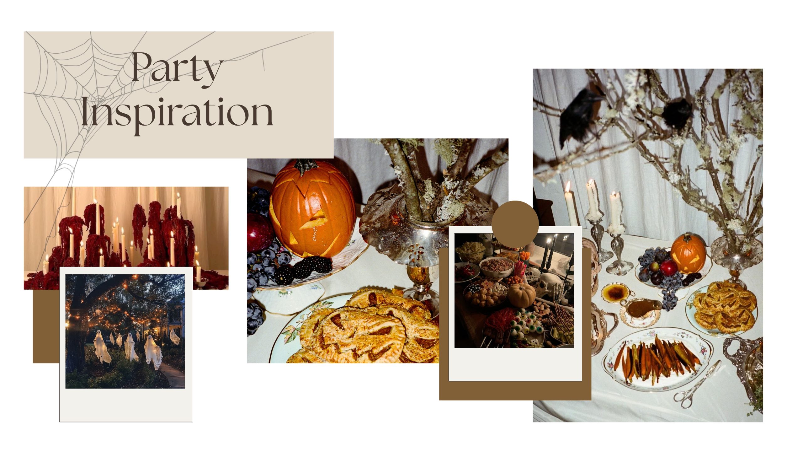 A mood board for a Halloween Party, with ideas of how to decorate and what food to make when hosting