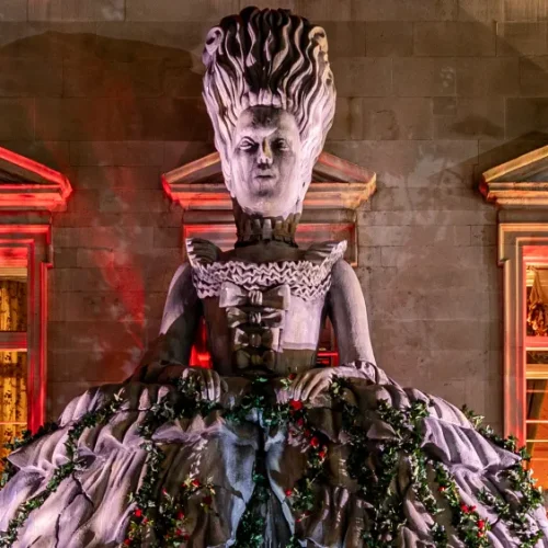 The outside of Annabel's Mayfair, decorated with a Marie Antoinette statue for Halloween