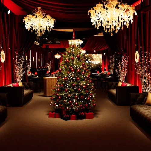 A Christmas tree decorated in the centre of the room at Nutcracker Noir