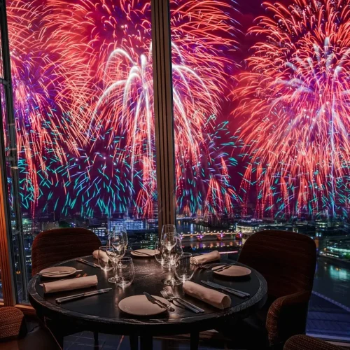 A view of the London new years eve firework display from Aqua Shard, where guests can enjoy views of the skyline from their dinner table