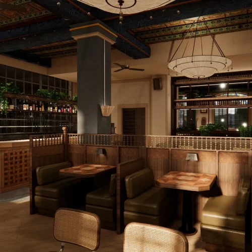 A view of the bar and a seating area at Hoppers Shoreditch