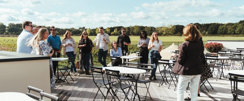 A corporate team on an away day at Balfour Winery, enjoying the sun and some team building