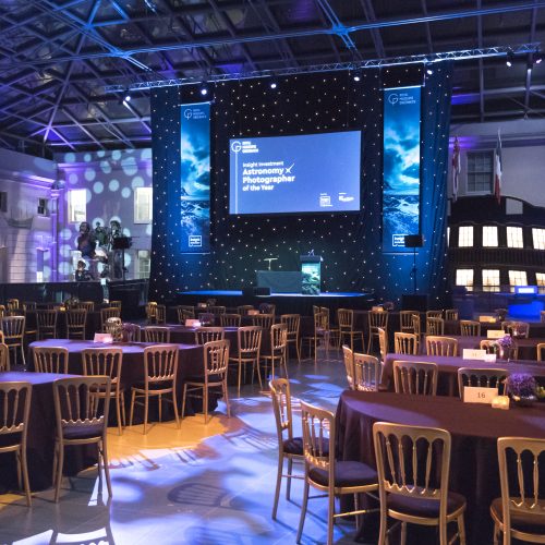 Insight Investment Astronomy Photographer Of The Year 2018 Award Ceremony On 23rd October 2018 At The National Maritime Museum, Royal Museums Greenwich. Seating And Stage On The Great Map.