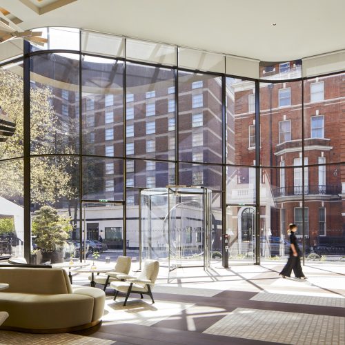 The entrance way in Nobu London Portman Square, with floor to ceiling windows and lots of natural light