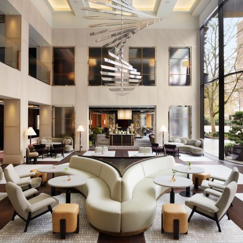 One of the event rooms at Nobu London Portman Square, with tall ceilings and comfortable seating options
