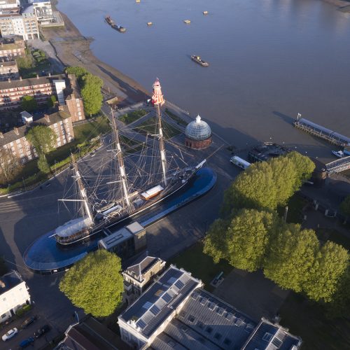 UAV Drone Photography Early Morning At Cutty Sark, Greenwich, London. Views Of Cutty Sark Gardens And The River Thames.