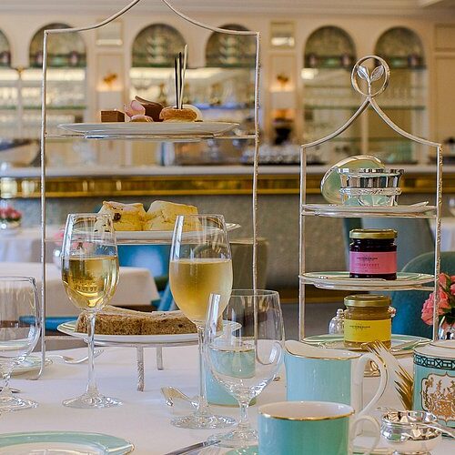 An afternoon tea set up at Fortnum & Mason, complete with prosecco and tea, for a valentines date