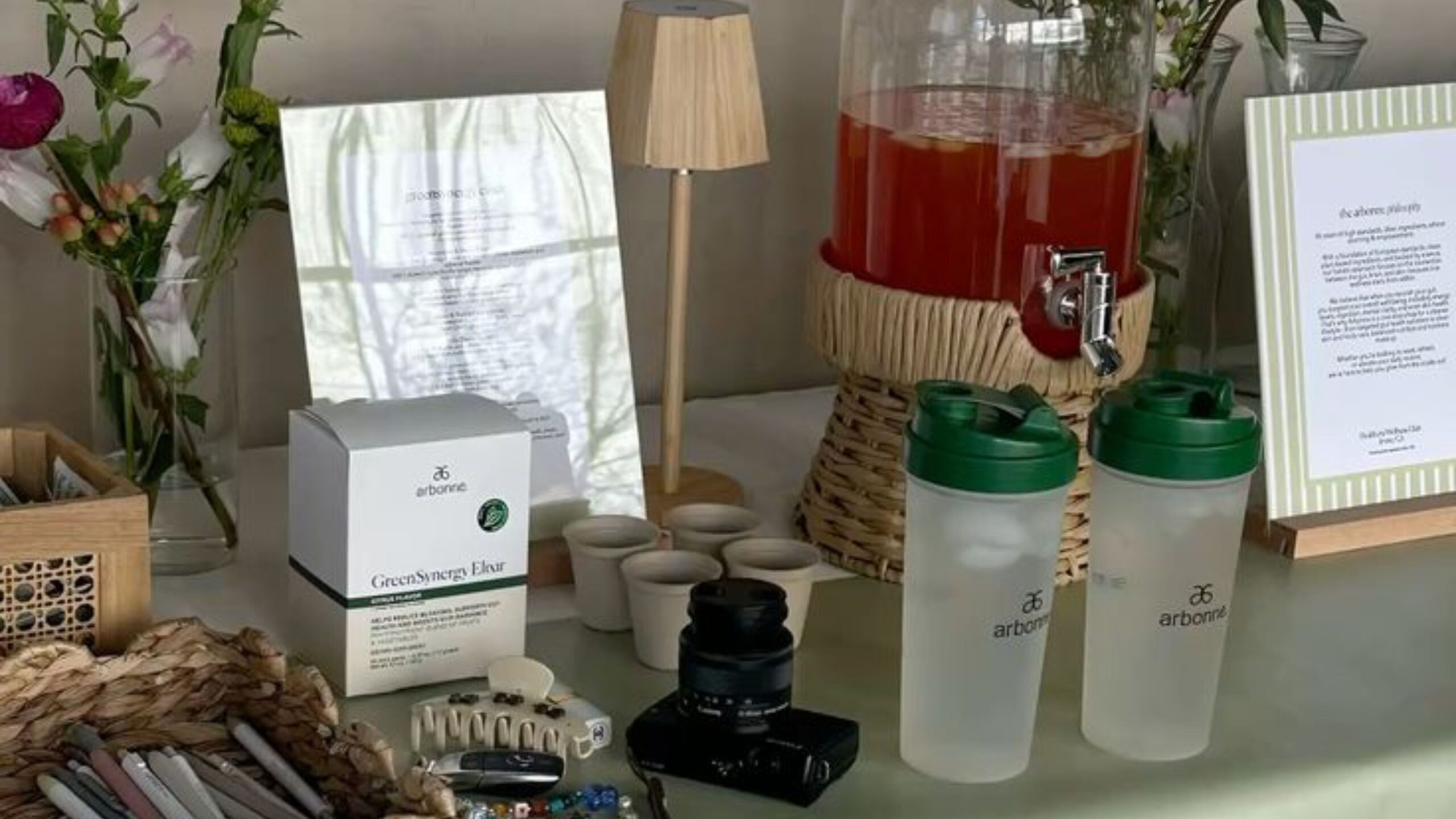 A table of wellness goodies supplied by London House of Wellbeing for a corporate event