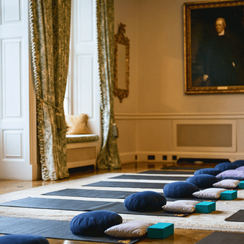 A yoga class set up for a corporate wellness day at Cowdray House
