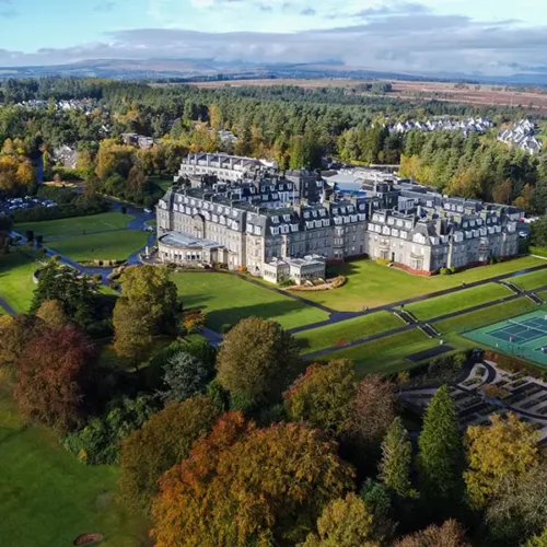An aerial view of the Gleneagles estate, which is grand and surrounded by nature