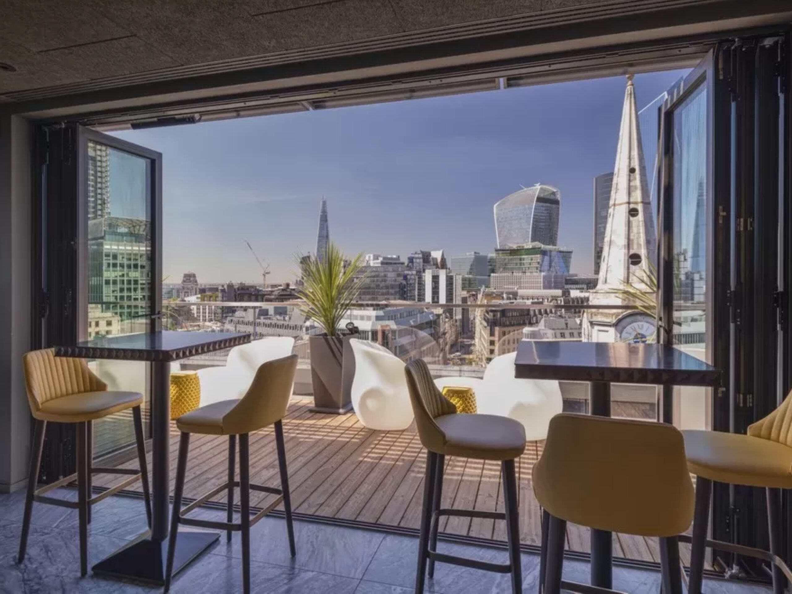 A view of the rooftop at Jin Bo Law from the main restaurant space