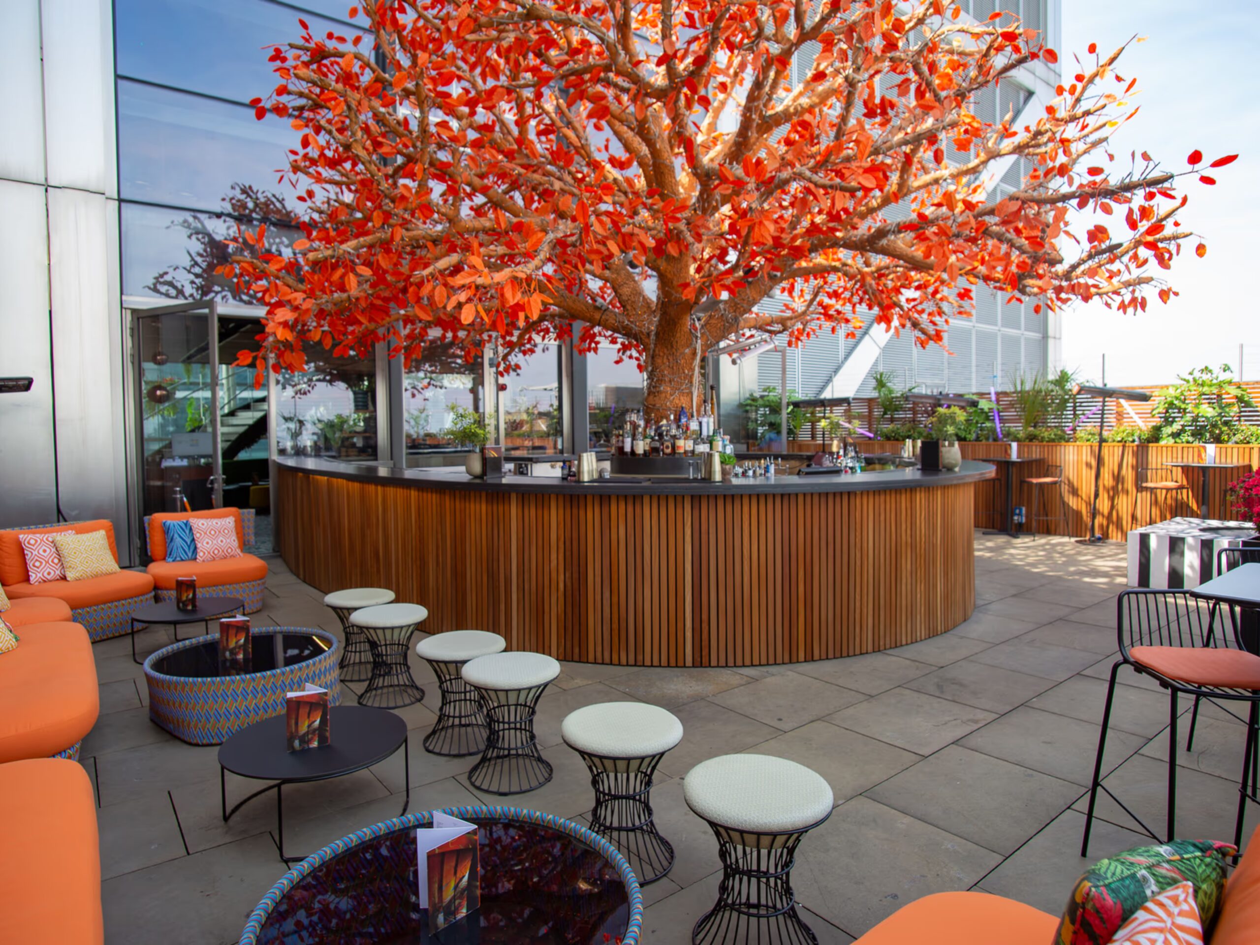 The terrace at SushiSamba in the City, decorated with a central orange tree and matching seating