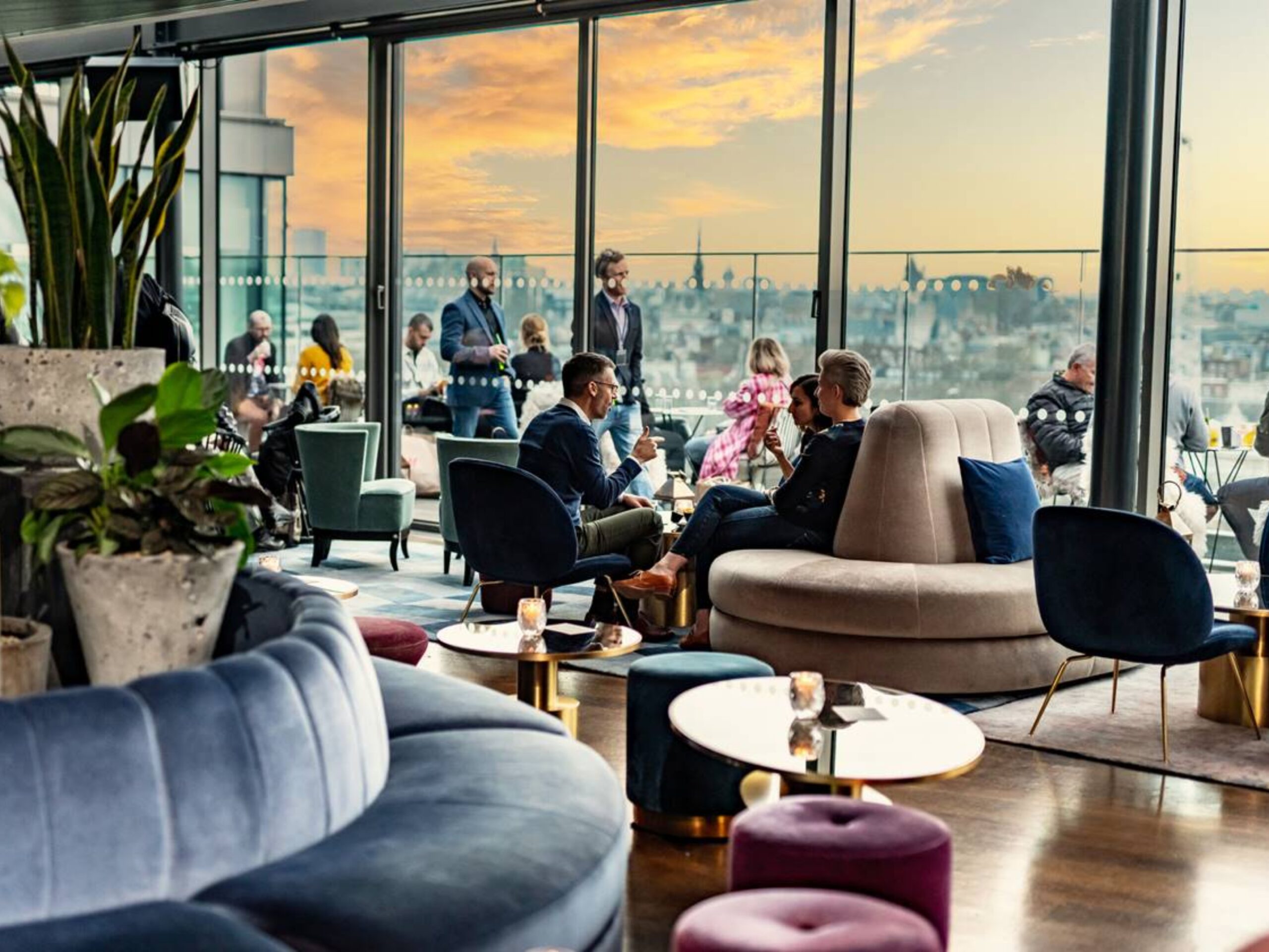 The rooftop, 12th Knot, in Sea Containers London at sunset, with a view over the Thames