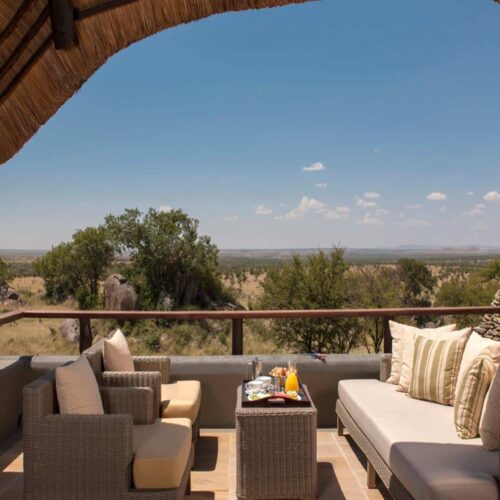A balcony overlooking a game reserve at Four Seasons Safari Lodge Serengeti