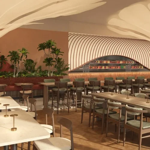 The bar at Arbour by night, which creates a light and airy atmosphere