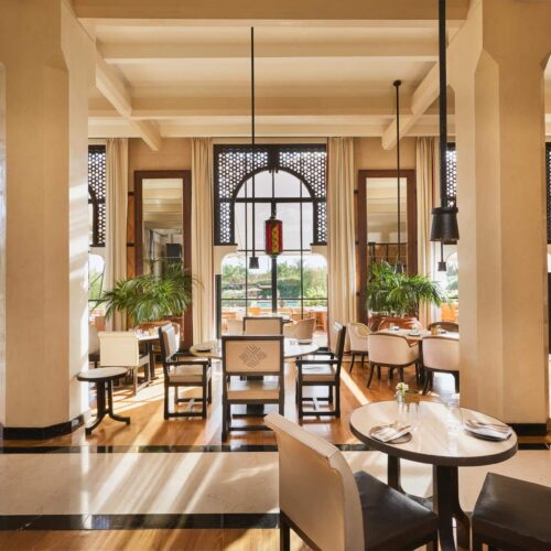One of the indoor seating areas at Mandarin Oriental, decorated with traditional Moroccan details