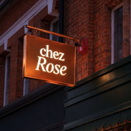 The entrance sign at the new London restaurant, Chez Rose