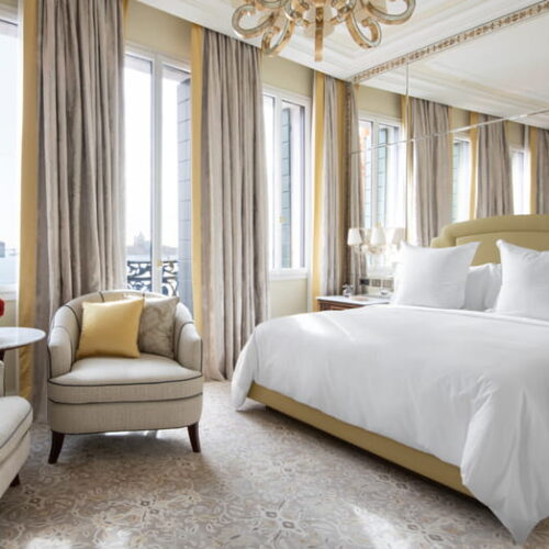 A decadently decorated bedroom at the newly opened Danieli, Venezia, which is A Four Seasons Hotel in the heart of Venice