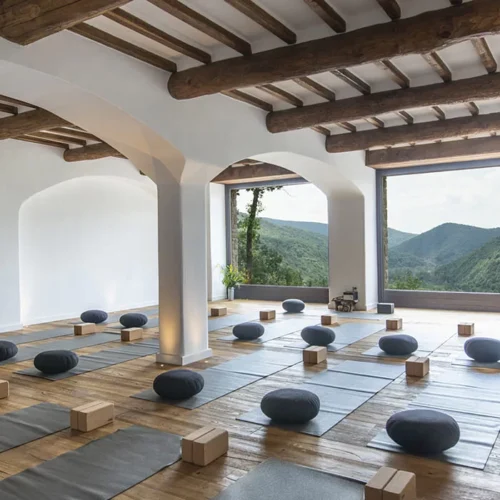The yoga studio at Eremito, Italy, which over looks mountains, hills, and nature