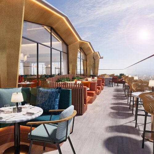 The newly opened rooftop at The Imperial Bloomsbury, with modern architecture and bright furniture